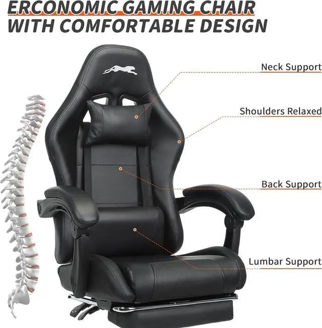 Alt view image 5 of 7 - Leopard Gaming Chair with Footrest, Height Adjustable Game Chair with Lumbar Support, Video Gaming Chair for Gaming Room, Living Room and Office - Black