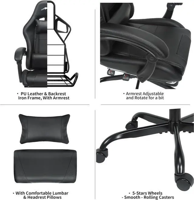 Alt view image 6 of 7 - Leopard Gaming Chair with Footrest, Height Adjustable Game Chair with Lumbar Support, Video Gaming Chair for Gaming Room, Living Room and Office - Black