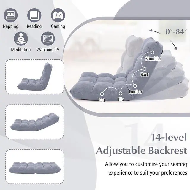 Alt view image 4 of 7 - BestComfort Floor Chair with Back Support, Floor Gaming Chairs w/ 14 Adjustable Position, Padded Sleeper Bed, Folding Floor Seating for Living Room, Reading, Watching TV, Meditation for Adults & Kids