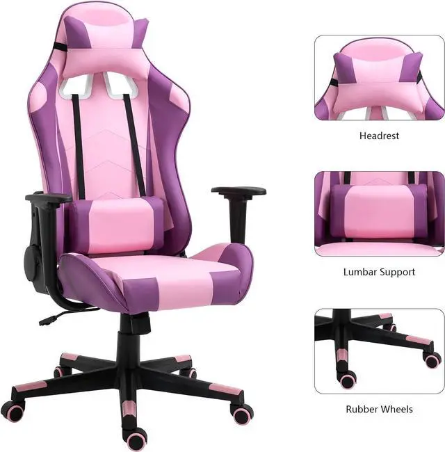 Alt view image 3 of 7 - Modern-Depo Gaming Chair with Headrest and Lumbar Support, Height Adjustable Swivel Office Chair, High-Back Recliner, Purple Pink