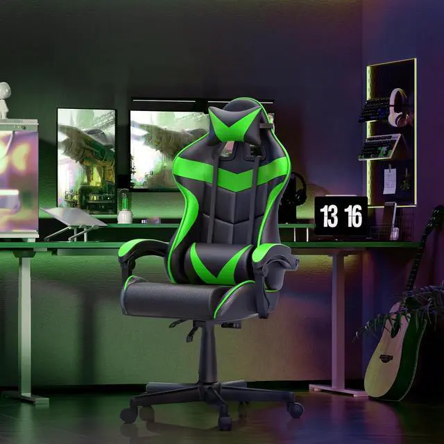 Alt view image 2 of 7 - Soontrans Green Gaming Chair with Massage,Racing Gamer Chair for Teens, Ergonomic Game Chair with Adjustable Headrest and Lumbar Support (Jungle Green)