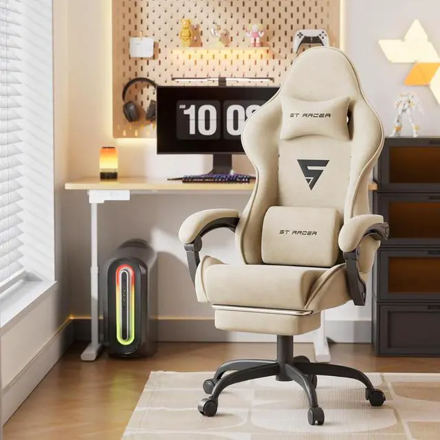 Alt view image 2 of 7 - Huracan Velvet Fabric Gaming Chair with Footrest for Adults, Ergonomic Gaming Chairs with Massage Lumbar, Reclining Racing Computer Chair with Spring Cushion for Home Office Video Game, Beige