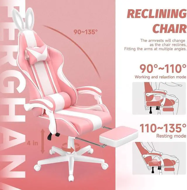 Alt view image 7 of 7 - Ferghana Kawaii Bunny Ears Gaming Chair, Cute Gamer Chair with Footrest and Massage, Leather Ergonomic Computer Game Chair for Girls Adults Teens Kids Pink