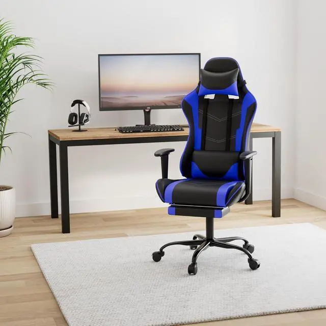 Alt view image 2 of 7 - Gaming Chair with Footrest, Massage Lumbar Support, Ergonomic Racing Office Chair, 360 Swivel PC Computer Desk Chair, Adjustable Headrest and Arms, Blue