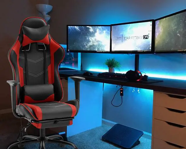 Alt view image 2 of 7 - Computer Gaming Chair PC Ergonomic Office Chair Home Executive Desk Chair Adjustable High-Back PU Leather Racing Rolling Swivel Task Chair Lumbar Support Footrest Headrest Armrest Massager (Red)