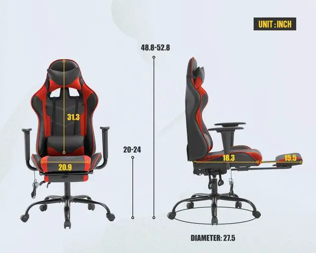 Alt view image 3 of 7 - Computer Gaming Chair PC Ergonomic Office Chair Home Executive Desk Chair Adjustable High-Back PU Leather Racing Rolling Swivel Task Chair Lumbar Support Footrest Headrest Armrest Massager (Red)