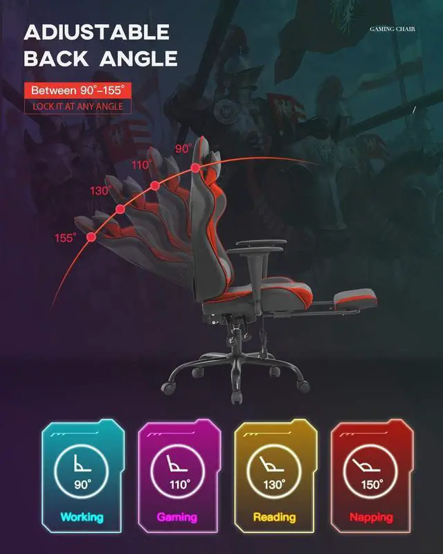 Alt view image 4 of 7 - Computer Gaming Chair PC Ergonomic Office Chair Home Executive Desk Chair Adjustable High-Back PU Leather Racing Rolling Swivel Task Chair Lumbar Support Footrest Headrest Armrest Massager (Red)