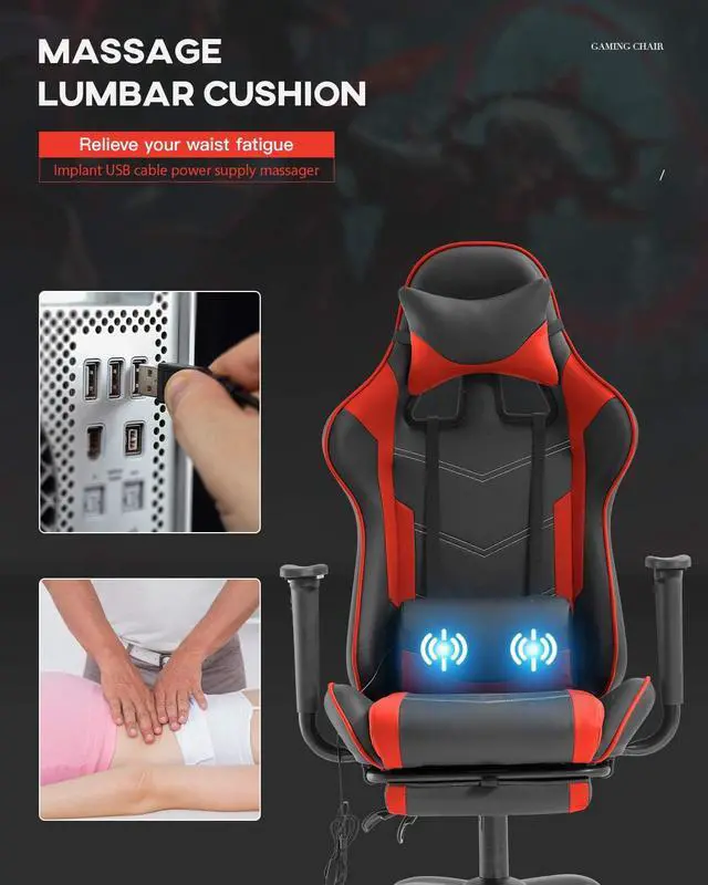 Alt view image 5 of 7 - Computer Gaming Chair PC Ergonomic Office Chair Home Executive Desk Chair Adjustable High-Back PU Leather Racing Rolling Swivel Task Chair Lumbar Support Footrest Headrest Armrest Massager (Red)