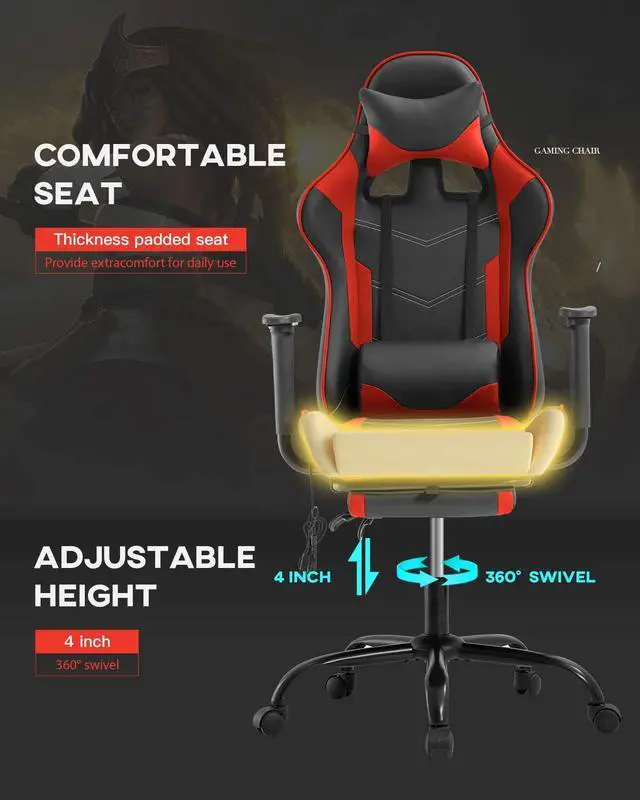 Alt view image 6 of 7 - Computer Gaming Chair PC Ergonomic Office Chair Home Executive Desk Chair Adjustable High-Back PU Leather Racing Rolling Swivel Task Chair Lumbar Support Footrest Headrest Armrest Massager (Red)