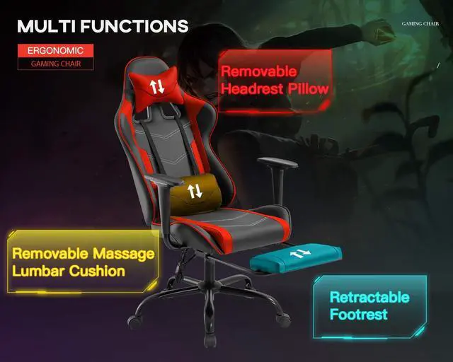 Alt view image 7 of 7 - Computer Gaming Chair PC Ergonomic Office Chair Home Executive Desk Chair Adjustable High-Back PU Leather Racing Rolling Swivel Task Chair Lumbar Support Footrest Headrest Armrest Massager (Red)