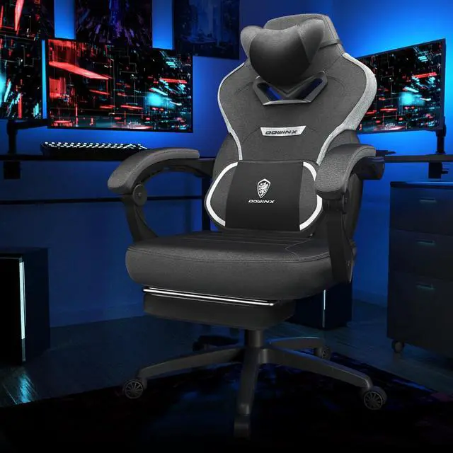 Alt view image 2 of 7 - Dowinx Gaming Chair with Footrest, Fabric Gamer Chair for Adults, Computer Chair with Massage for Heavy People Fabric,Black