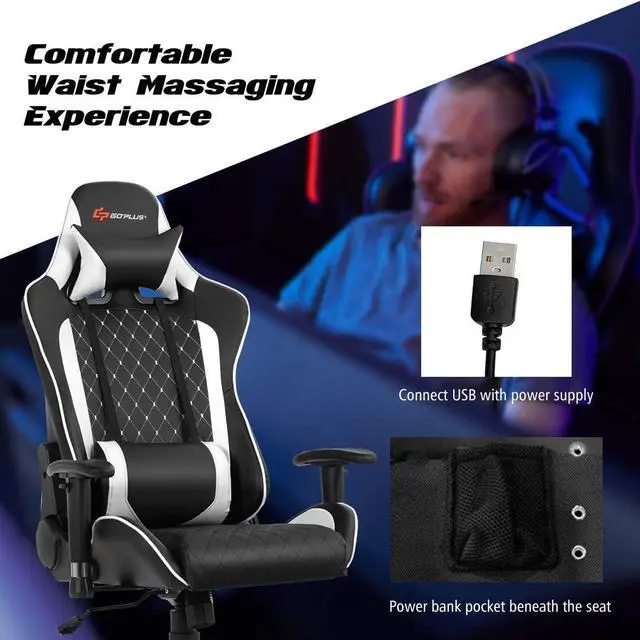 Alt view image 4 of 7 - POWERSTONE Gaming Chair, Gaming Recliner with Adjustable Armrest Massage Lumbar Pillow Wide Cushion Ergonomic Office Computer Chair for Adults, White