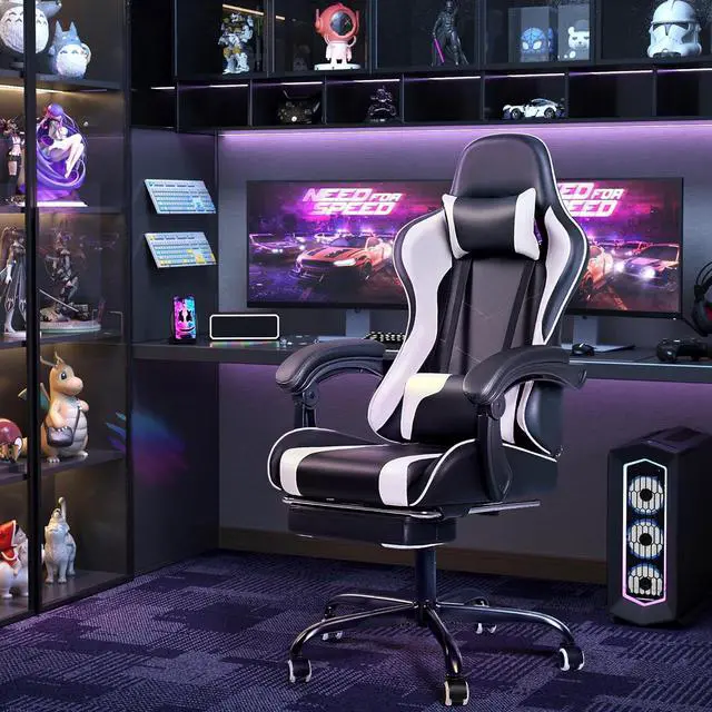 Alt view image 2 of 7 - Furmax Gaming Chair, Video Game Chair with Footrest and Massage Lumbar Support, Swivel Seat Height Adjustable Computer Chair with Headrest, Racing E-Sport Gamer Chair (White)