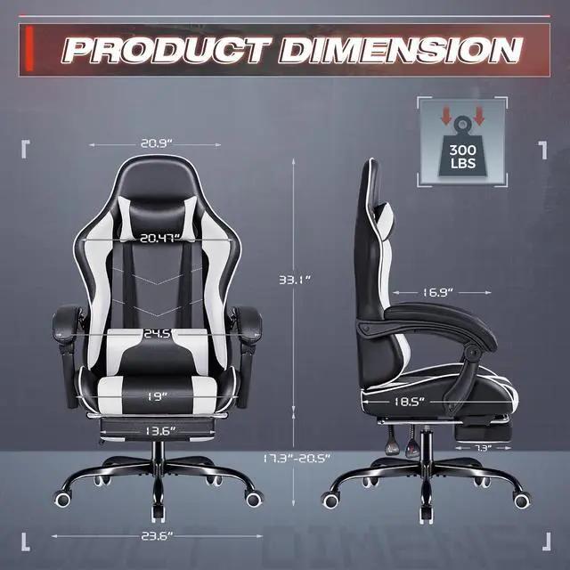 Alt view image 3 of 7 - Furmax Gaming Chair, Video Game Chair with Footrest and Massage Lumbar Support, Swivel Seat Height Adjustable Computer Chair with Headrest, Racing E-Sport Gamer Chair (White)