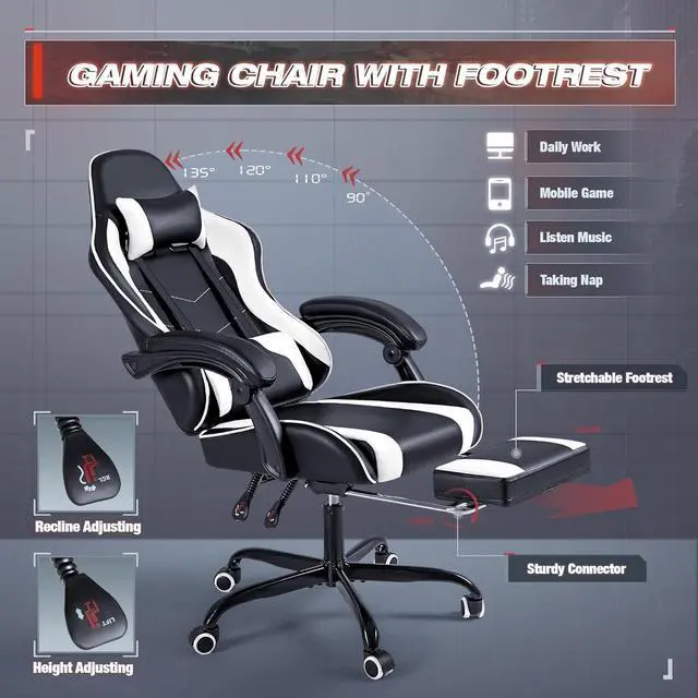 Alt view image 5 of 7 - Furmax Gaming Chair, Video Game Chair with Footrest and Massage Lumbar Support, Swivel Seat Height Adjustable Computer Chair with Headrest, Racing E-Sport Gamer Chair (White)