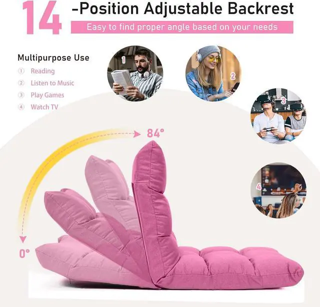 Alt view image 4 of 7 - MAT EXPERT 14-Position Floor Chair, Floor Gaming Chair w/Resilience Sponge, Alloy Steel Frame, Padded Bed Couch Recliner, Floor Chair with Back Support for Reading, Meditating (Pink)