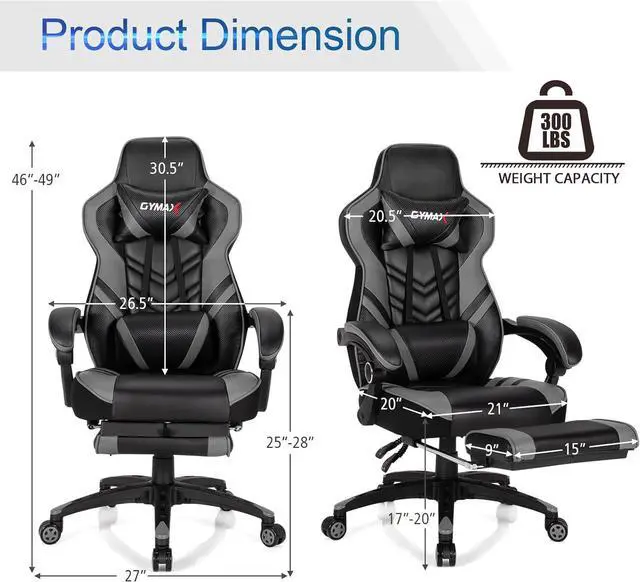 Alt view image 3 of 7 - POWERSTONE Gaming Chair Video Game Chair with Footrest and Lumbar Support Racing Style PU Leather Computer Chair Ergonomic Adjustable Swivel Task Chair Gray