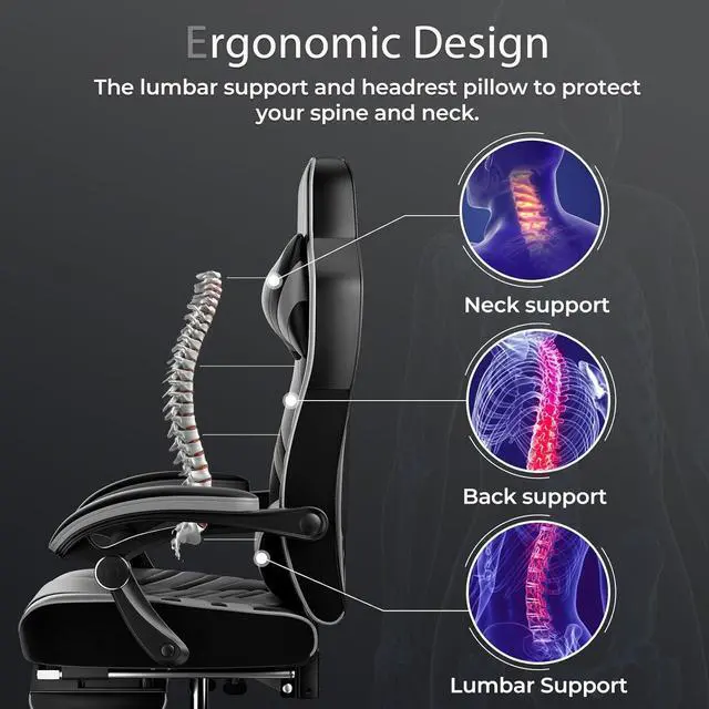 Alt view image 4 of 7 - POWERSTONE Gaming Chair Video Game Chair with Footrest and Lumbar Support Racing Style PU Leather Computer Chair Ergonomic Adjustable Swivel Task Chair Gray