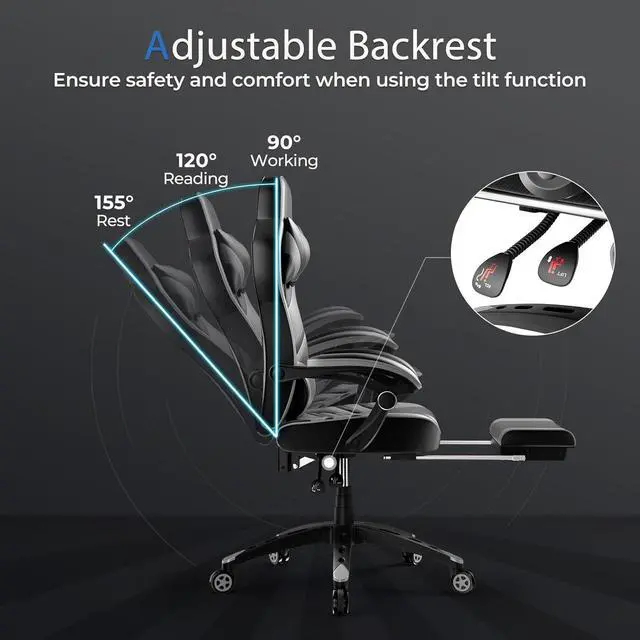 Alt view image 5 of 7 - POWERSTONE Gaming Chair Video Game Chair with Footrest and Lumbar Support Racing Style PU Leather Computer Chair Ergonomic Adjustable Swivel Task Chair Gray