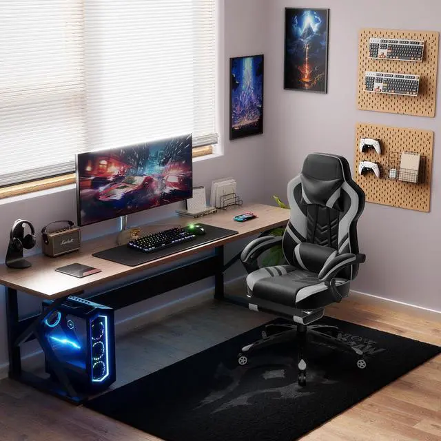 Alt view image 2 of 7 - POWERSTONE Gaming Chair Video Game Chair with Footrest and Lumbar Support Racing Style PU Leather Computer Chair Ergonomic Adjustable Swivel Task Chair Gray