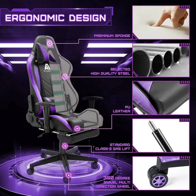 Alt view image 5 of 7 - AA Products Gaming Chair - High Back Ergonomic Computer Racing Chair with Footrest, Lumbar Support and Swivel - Black/Purple