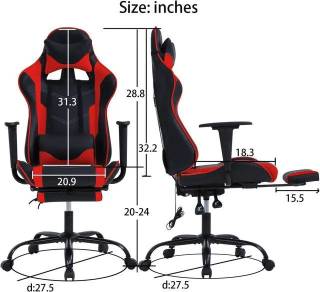 Alt view image 3 of 7 - HCB Gaming Chair, Computer Office Chair, Ergonomic Desk Chair Height Adjustable Recliner Swivel High Back with Lumbar Support, Footrest, Headrest, Massager, Racing Style Red
