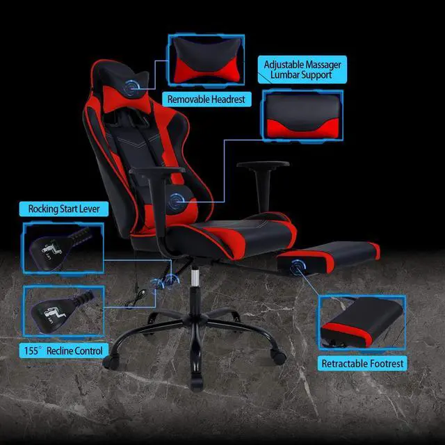 Alt view image 4 of 7 - HCB Gaming Chair, Computer Office Chair, Ergonomic Desk Chair Height Adjustable Recliner Swivel High Back with Lumbar Support, Footrest, Headrest, Massager, Racing Style Red