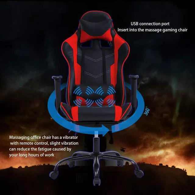 Alt view image 6 of 7 - HCB Gaming Chair, Computer Office Chair, Ergonomic Desk Chair Height Adjustable Recliner Swivel High Back with Lumbar Support, Footrest, Headrest, Massager, Racing Style Red
