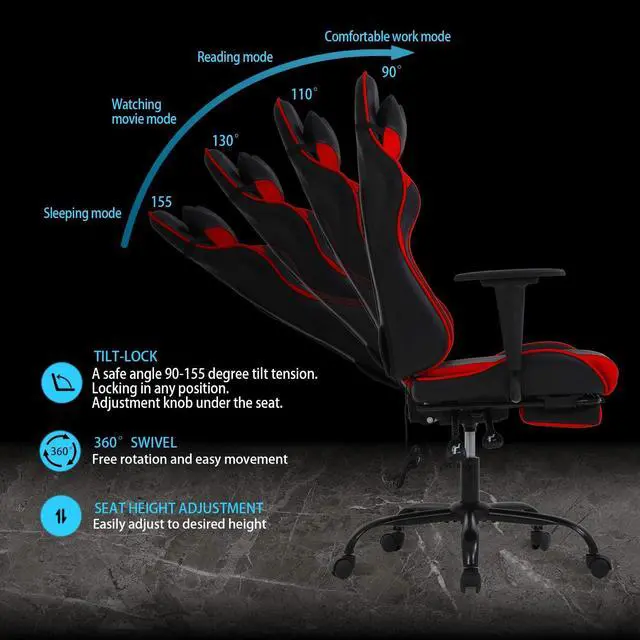 Alt view image 5 of 7 - HCB Gaming Chair, Computer Office Chair, Ergonomic Desk Chair Height Adjustable Recliner Swivel High Back with Lumbar Support, Footrest, Headrest, Massager, Racing Style Red