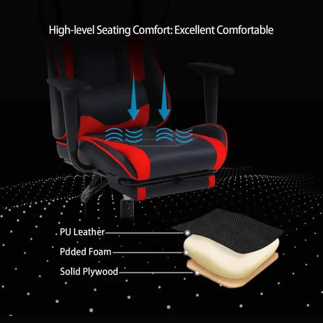 Alt view image 7 of 7 - HCB Gaming Chair, Computer Office Chair, Ergonomic Desk Chair Height Adjustable Recliner Swivel High Back with Lumbar Support, Footrest, Headrest, Massager, Racing Style Red