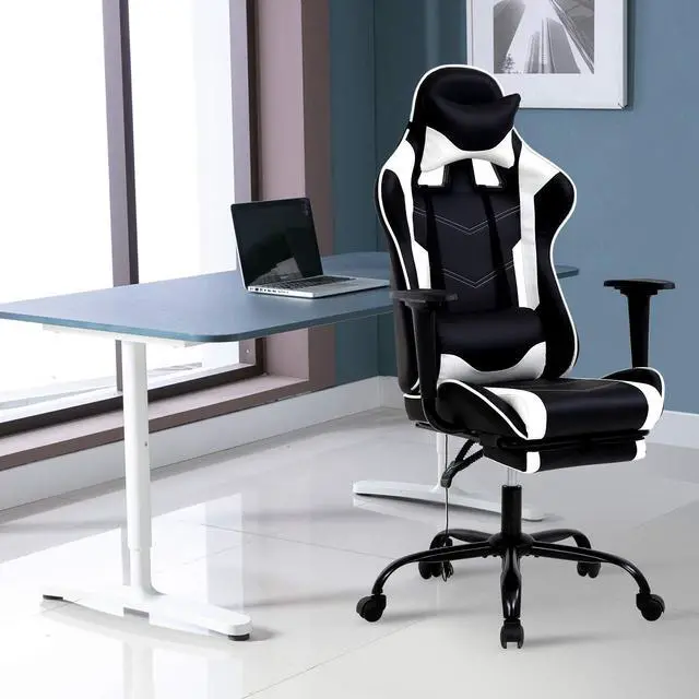 Alt view image 2 of 7 - HCY High Back Gaming Chair Ergonomic Racing Style Gaming Chair with Footrest, Headrest and Lumbar Support Height Adjustable PU Leather Office Chair for Adults, White