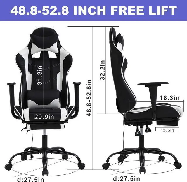 Alt view image 3 of 7 - HCY High Back Gaming Chair Ergonomic Racing Style Gaming Chair with Footrest, Headrest and Lumbar Support Height Adjustable PU Leather Office Chair for Adults, White