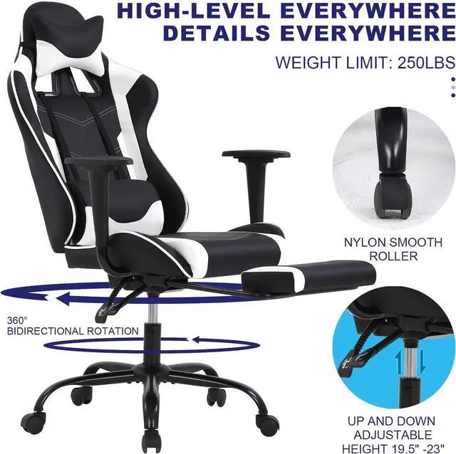 Alt view image 5 of 7 - HCY High Back Gaming Chair Ergonomic Racing Style Gaming Chair with Footrest, Headrest and Lumbar Support Height Adjustable PU Leather Office Chair for Adults, White