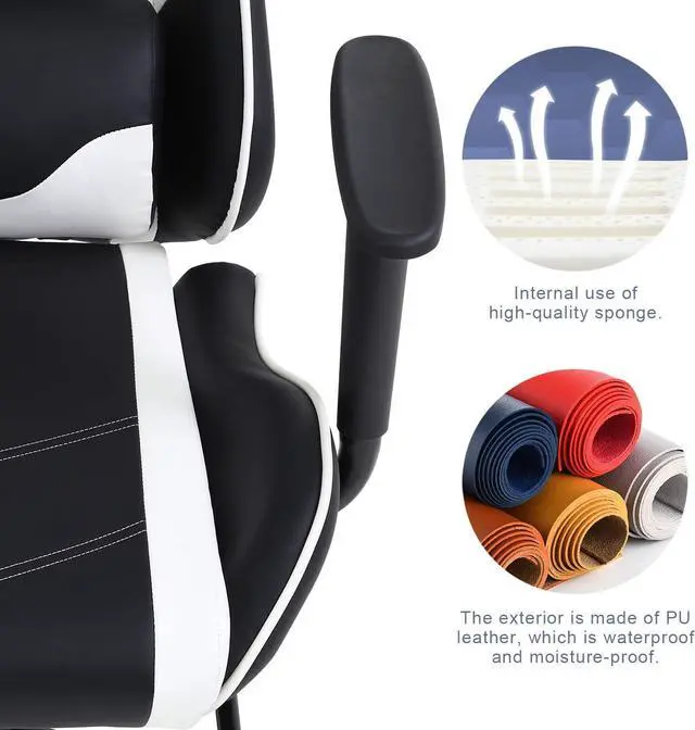 Alt view image 6 of 7 - HCY High Back Gaming Chair Ergonomic Racing Style Gaming Chair with Footrest, Headrest and Lumbar Support Height Adjustable PU Leather Office Chair for Adults, White