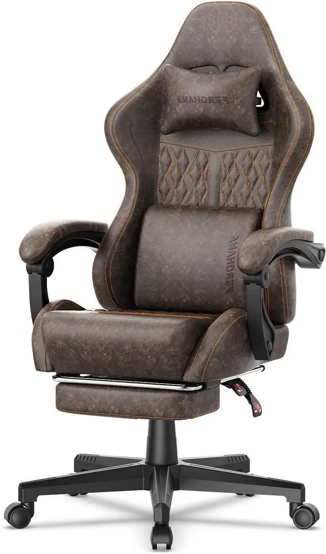 Main image of Ferghana Vintage PU Leather Gaming Chair, Ergonomic Gamer Chair with Massage, High Back Computer Office Chair with Footrest for Adults, Racing Style Reclining Video Game Chair (Brown)