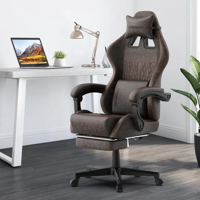 Alt view image 2 of 7 - Ferghana Vintage PU Leather Gaming Chair, Ergonomic Gamer Chair with Massage, High Back Computer Office Chair with Footrest for Adults, Racing Style Reclining Video Game Chair (Brown)