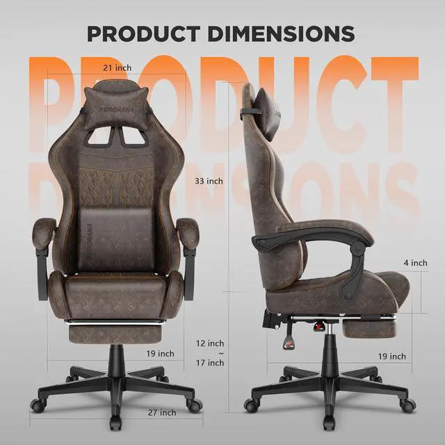 Alt view image 3 of 7 - Ferghana Vintage PU Leather Gaming Chair, Ergonomic Gamer Chair with Massage, High Back Computer Office Chair with Footrest for Adults, Racing Style Reclining Video Game Chair (Brown)