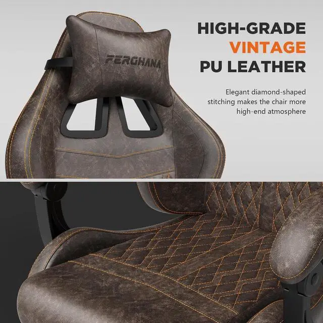 Alt view image 4 of 7 - Ferghana Vintage PU Leather Gaming Chair, Ergonomic Gamer Chair with Massage, High Back Computer Office Chair with Footrest for Adults, Racing Style Reclining Video Game Chair (Brown)