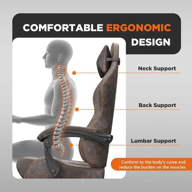 Alt view image 6 of 7 - Ferghana Vintage PU Leather Gaming Chair, Ergonomic Gamer Chair with Massage, High Back Computer Office Chair with Footrest for Adults, Racing Style Reclining Video Game Chair (Brown)