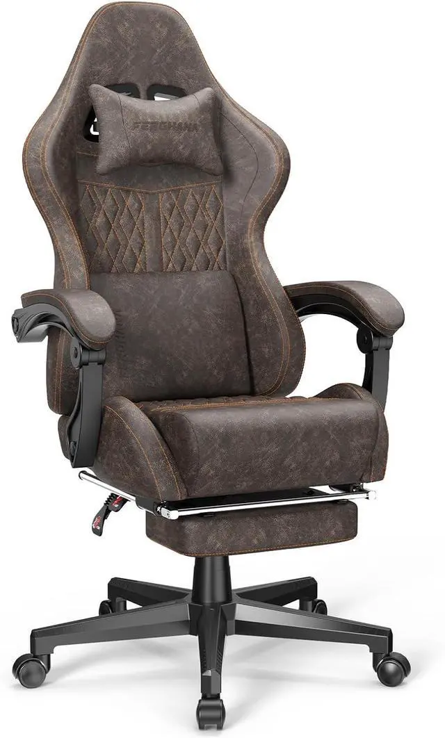 Main image of Ferghana Vintage PU Leather Gaming Chair, High Back Gamer Chair with Massage, Ergonomic Computer Office Chair with Footrest for Adults, Racing Style Reclining Video Game Chair Chestnut Brown