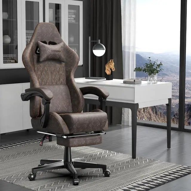 Alt view image 2 of 7 - Ferghana Vintage PU Leather Gaming Chair, High Back Gamer Chair with Massage, Ergonomic Computer Office Chair with Footrest for Adults, Racing Style Reclining Video Game Chair Chestnut Brown