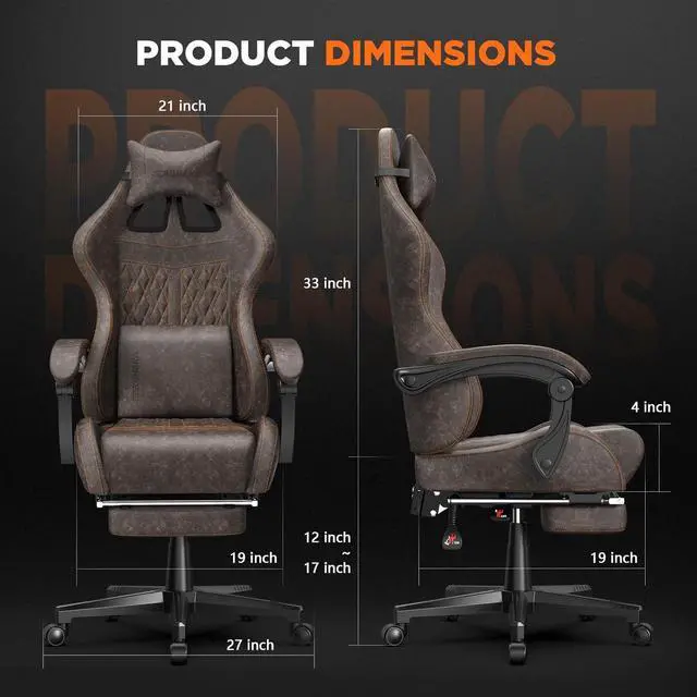 Alt view image 3 of 7 - Ferghana Vintage PU Leather Gaming Chair, High Back Gamer Chair with Massage, Ergonomic Computer Office Chair with Footrest for Adults, Racing Style Reclining Video Game Chair Chestnut Brown