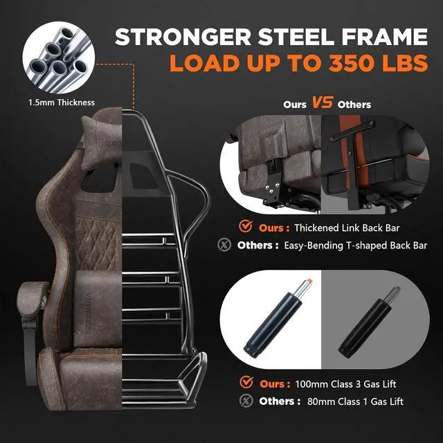 Alt view image 6 of 7 - Ferghana Vintage PU Leather Gaming Chair, High Back Gamer Chair with Massage, Ergonomic Computer Office Chair with Footrest for Adults, Racing Style Reclining Video Game Chair Chestnut Brown