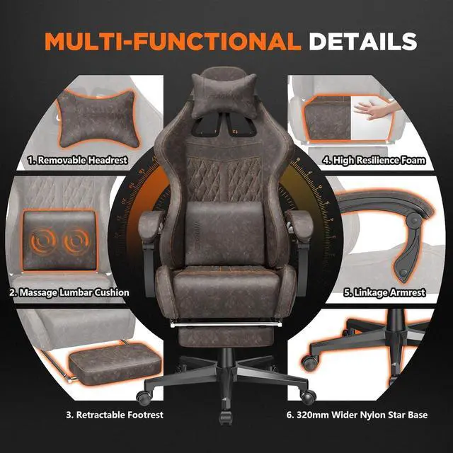 Alt view image 7 of 7 - Ferghana Vintage PU Leather Gaming Chair, High Back Gamer Chair with Massage, Ergonomic Computer Office Chair with Footrest for Adults, Racing Style Reclining Video Game Chair Chestnut Brown