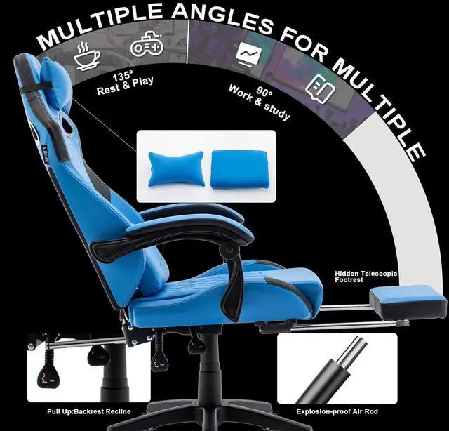 Alt view image 6 of 7 - Gaming Chair, Office Chair High Back Computer Chair Leather Desk Chair Racing Executive Ergonomic Adjustable Swivel Task Chair with Headrest and Lumbar Support (Blue), ABB101