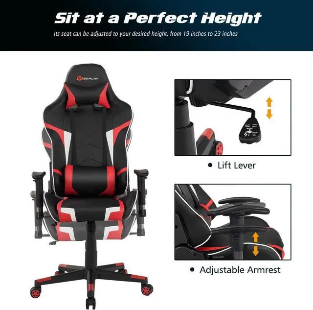 Alt view image 6 of 7 - POWERSTONE Gaming Chair - Office Computer Gaming Racing Chair with Lumbar Massager Support PU Leather Adjustable Arms Headrest High-Back Recliner Ergonomic Rolling Swivel (Red)