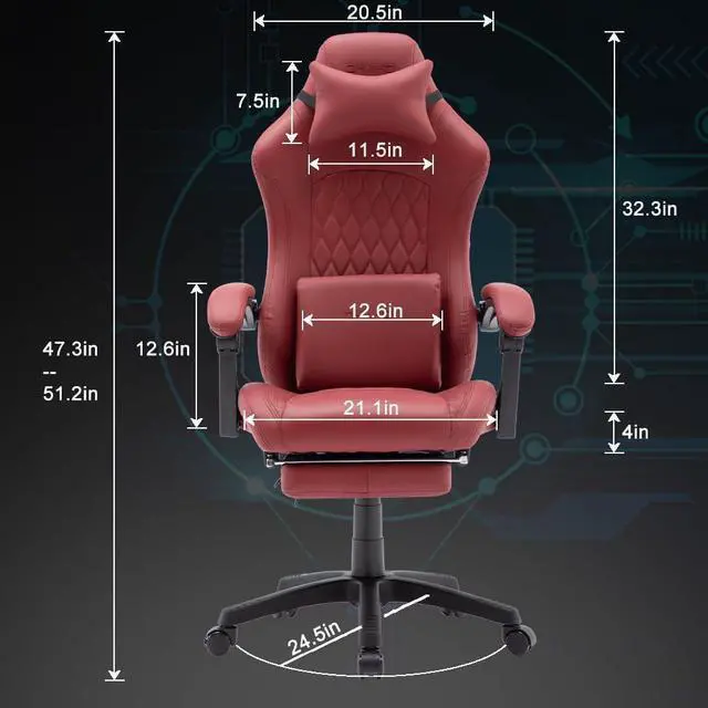 Alt view image 2 of 7 - OHAHO Gaming Chair Computer Chair with Footrest and Lumbar Support, Height Adjustable Game Chair with 360° Swivel Seat and Headrest and for Office or Gaming (Red)