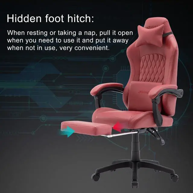 Alt view image 4 of 7 - OHAHO Gaming Chair Computer Chair with Footrest and Lumbar Support, Height Adjustable Game Chair with 360° Swivel Seat and Headrest and for Office or Gaming (Red)