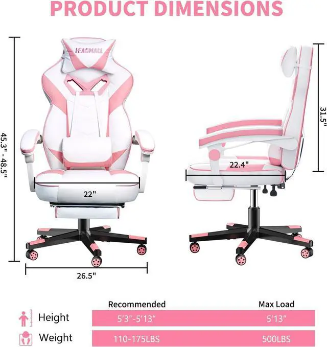 Alt view image 2 of 6 - Pink Gaming Chair with Footrest Ergonomic Oversized Manufactured by Listed Company,Video Game Chairs with Lumbar and Head Pillow, for Adults Teens Secret Lab Pink&White