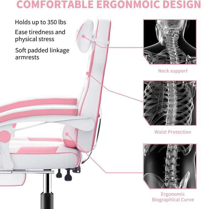 Alt view image 3 of 6 - Pink Gaming Chair with Footrest Ergonomic Oversized Manufactured by Listed Company,Video Game Chairs with Lumbar and Head Pillow, for Adults Teens Secret Lab Pink&White